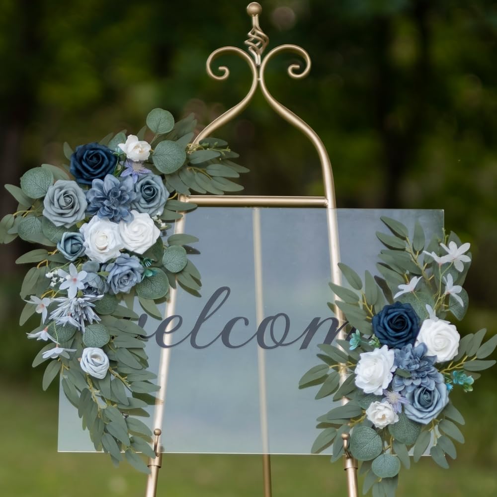 Artificial Flower Swag Wedding Arch Flowers Set of 2 Rose Flower Swag Arrangements for Wedding Party Welcome Ceremony Sign and Reception Backdrop Floral Decoration (Blue)