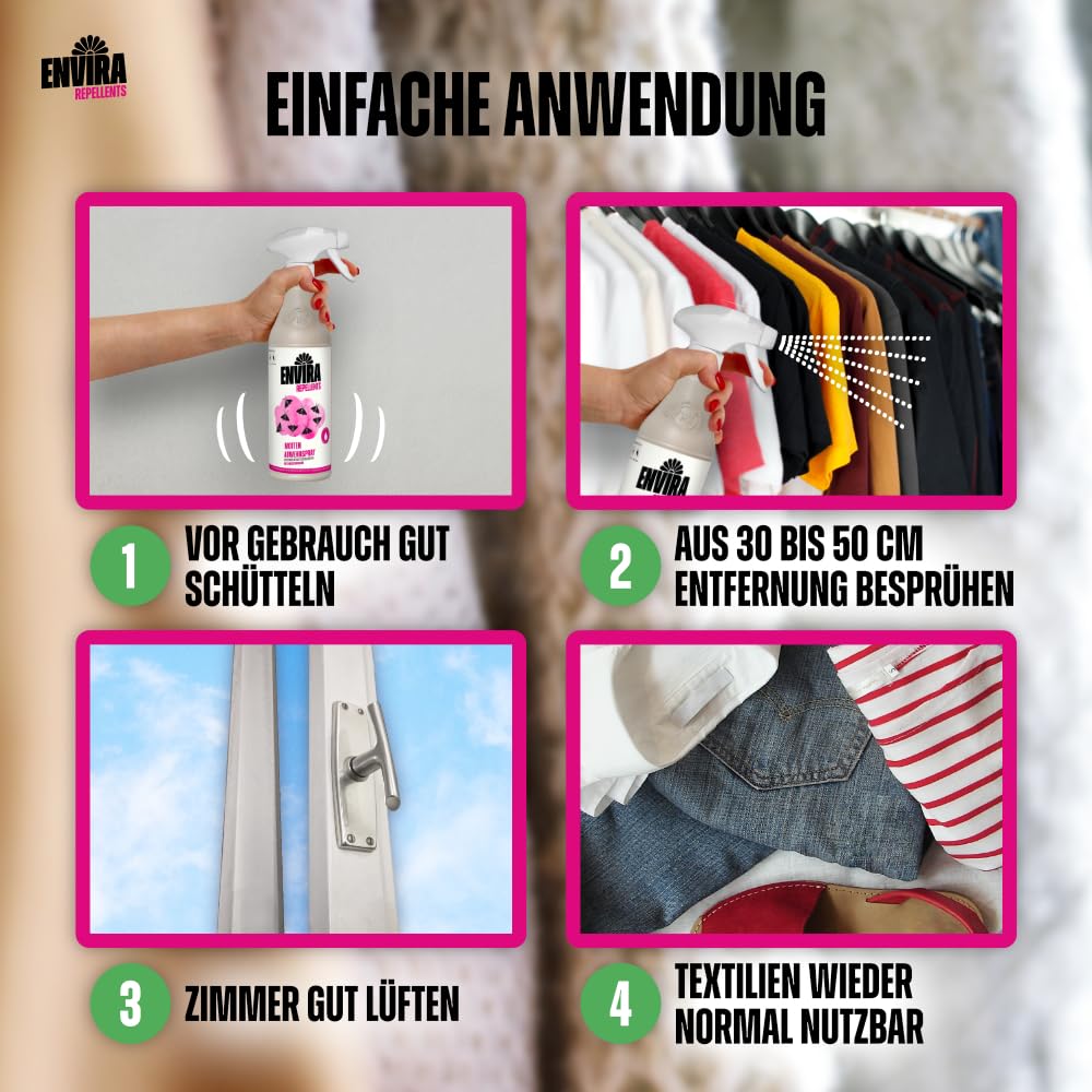 Envira Mottenspray 4 x 5 Liter - hochwirksam gegen Motten & Kleidermotten | Mottenschutz für den Kleiderschrank - Mittel gegen Lebensmittelmotten in der Wohnung, Langzeitwirkung
