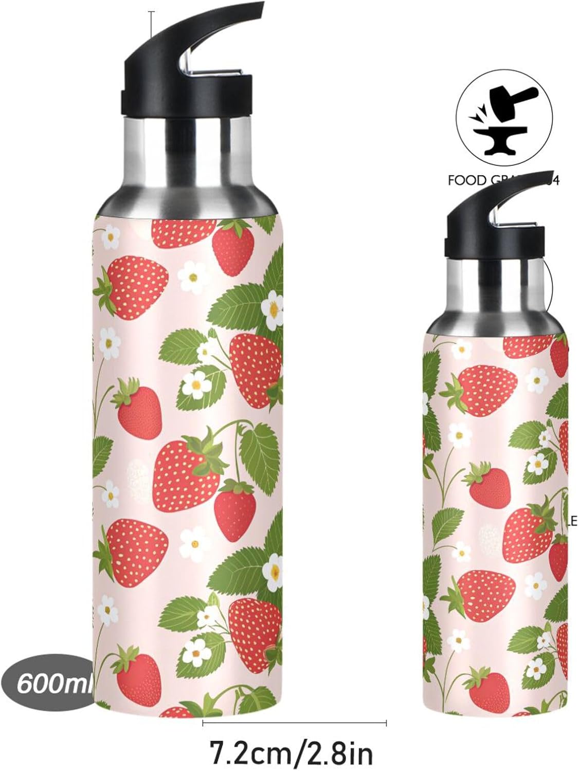 Kigai Strawberry Water Bottle with Straw Lid, BPA Free Vacuum Insulated Stainless Steel Sports Water Bottle Wide Mouth Flask for Outdoor Fitness Cycling