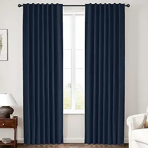 INOVADAY 100% Blackout Curtains 90 Inches Length 2 Panels Set, Back Tab/Rod Pocket Linen Black Out Curtains for Bedroom, Thermal Insulated Window Drapes - Midnight Blue, W50 X L90
