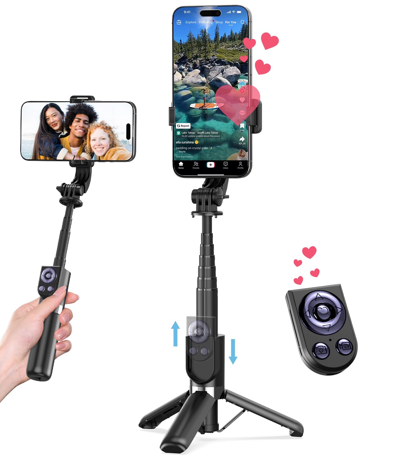 Yeaki Selfie Stick Tripod with Detachable Wireless Remote, Extendable 32” Tripod for iPhone Compatible with Android, Portable Lightweight Aluminum Phone Tripod Stand for Travel