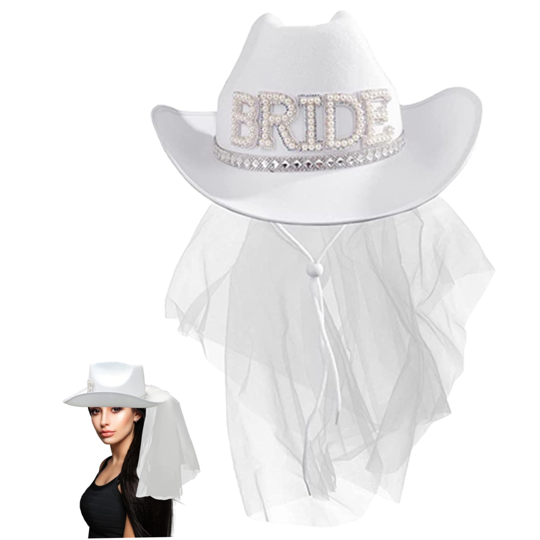 CUCUFA Hombo de vaquera de novia con velo, sombrero de vaquero blanco, sombrero de novia, vestuario de la foto de la boda Sombrero de vaquero, sombrero de boda de borde ancho para mujeres para despedida de
