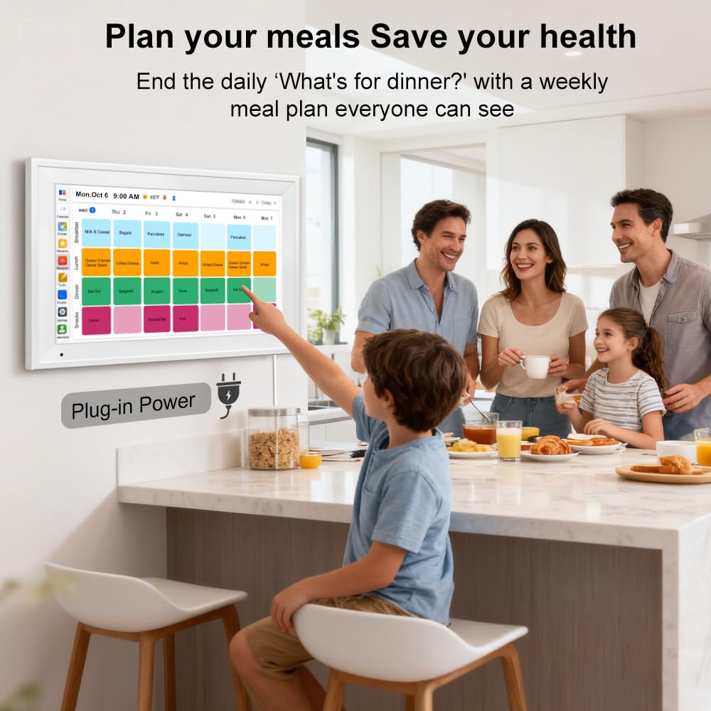 Calendario digitale intelligente per la famiglia, tabella delle faccende domestiche, schermo touchscreen HD, visualizzazione dei pasti e visualizzazione delle foto, si sincronizza con calendari online