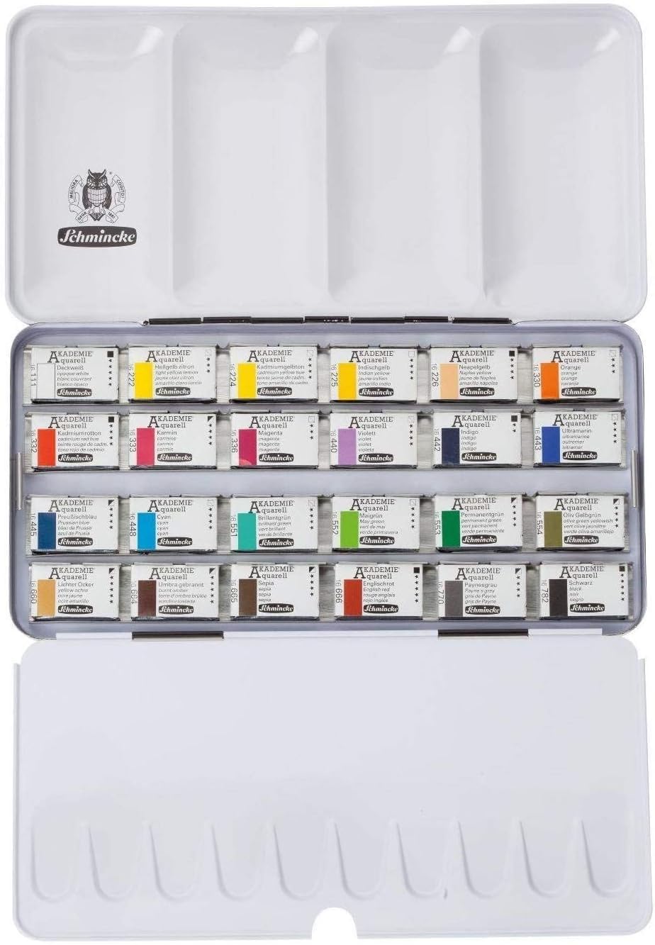 Schmincke Aquarellfarbe, Akademie Aquarell Malkasten, Metallkasten, 24 x 1/1 Näpfchen. mit Davinci Pinsel Free, Made in Germany