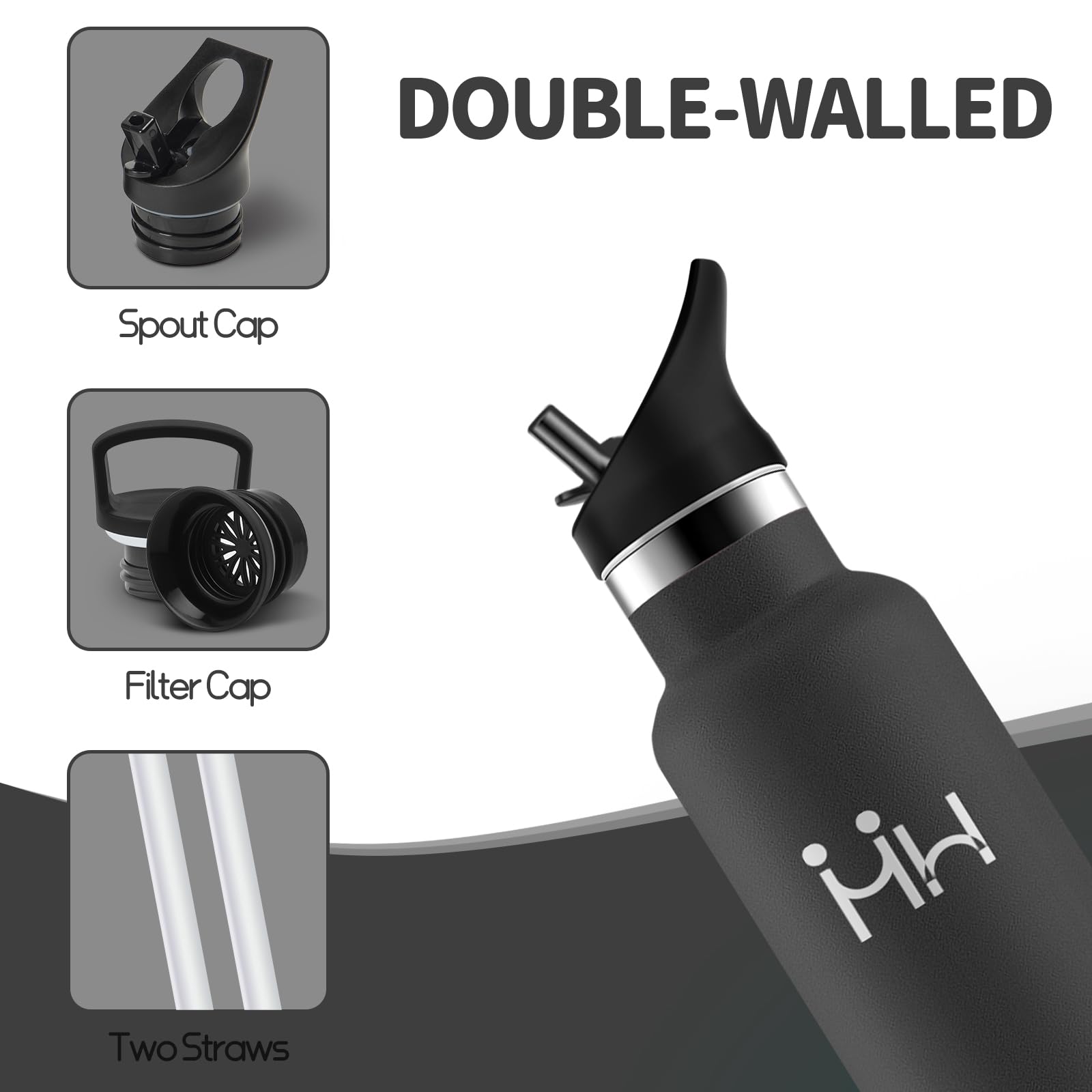 HoneyHolly Borraccia 1 Litro, Senza BPA, Bottiglia Termica, Sottovuoto a Doppia Parete, Borracce Termiche, 18/8 Acciaio Inox, Borraccia Termica con Cannuccia, Termos per Palestra, Sport, Bici