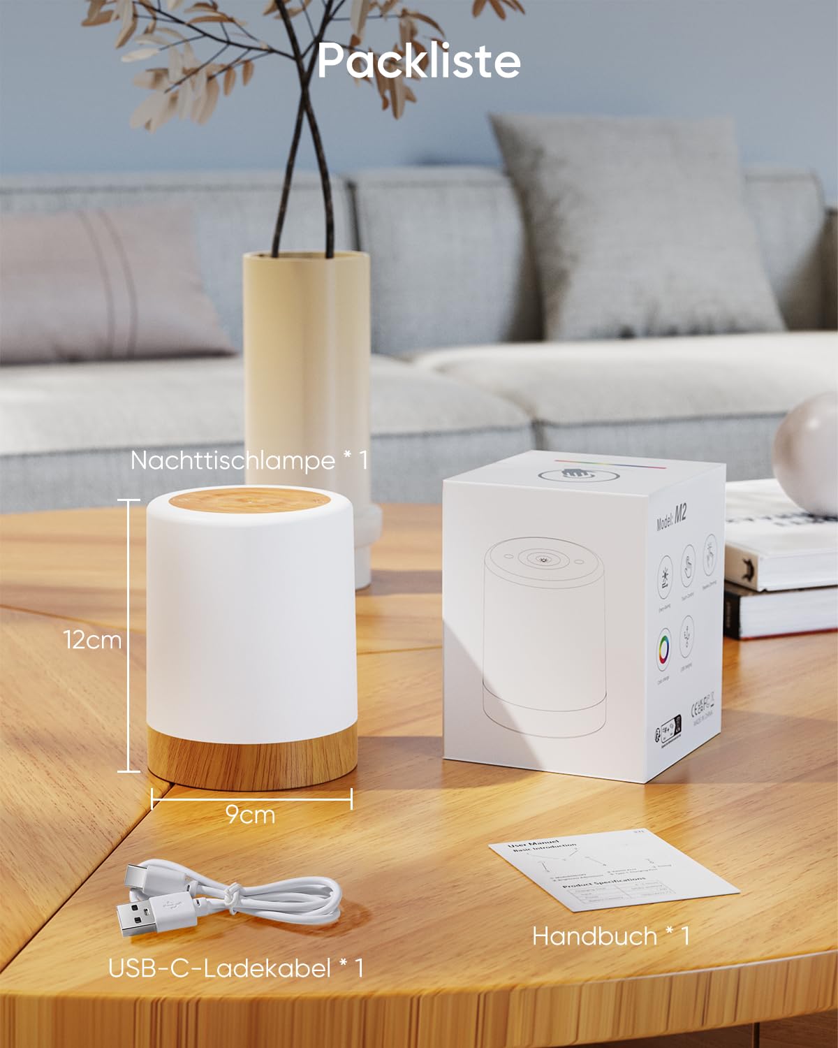 Bonsery Lampka nocna LED, dotykowa, ściemniana z 256 kolorami RGB i 3 trybami, lampka nocna dla dzieci, ładowalna przez USB z funkcją timera i pamięci, słoje drewna, lampa stołowa bezprzewodowa do
