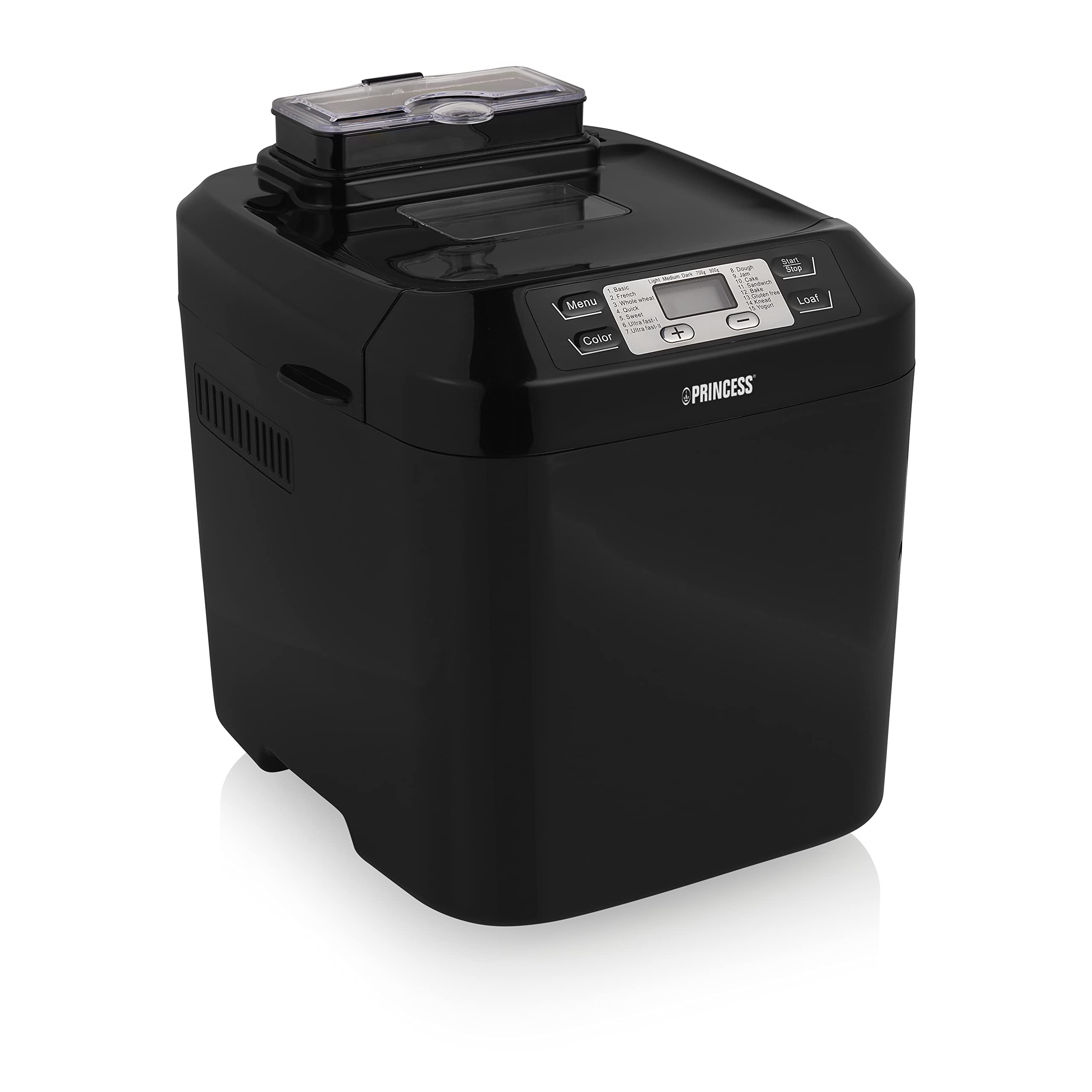 Princess Brotbackautomat - Kapazität für 900 g, 550 Watt, 15 Programme, Zutatenspender, Digitaler Timer, 152010, Schwarz