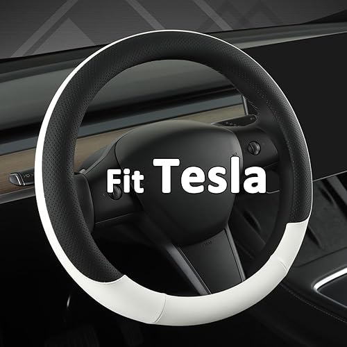 West Llama Funda de cuero de napa para volante de automóvil para Tesla, funda de volante de automóvil de forma redonda para modelos 3 2018-2026,