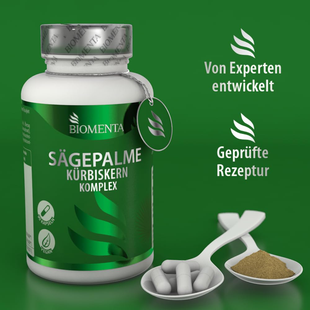 BIOMENTA Sägepalme Kürbiskern Komplex – 90 hochdosierte Kapseln - synergetischer Wirkstoffkompex + Cranberry, Tomate, Brennessel, Lutein, Zeaxanthin, Feigenkaktus + Zink & Selen