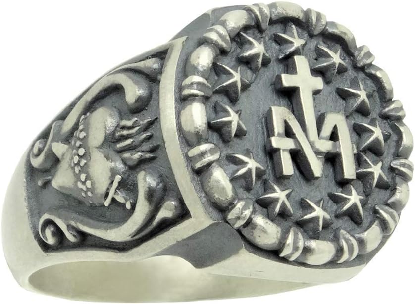 SECRETIUM Sacred Heart Virgin Mary Catholic Religious Silver Mens Cross Ring