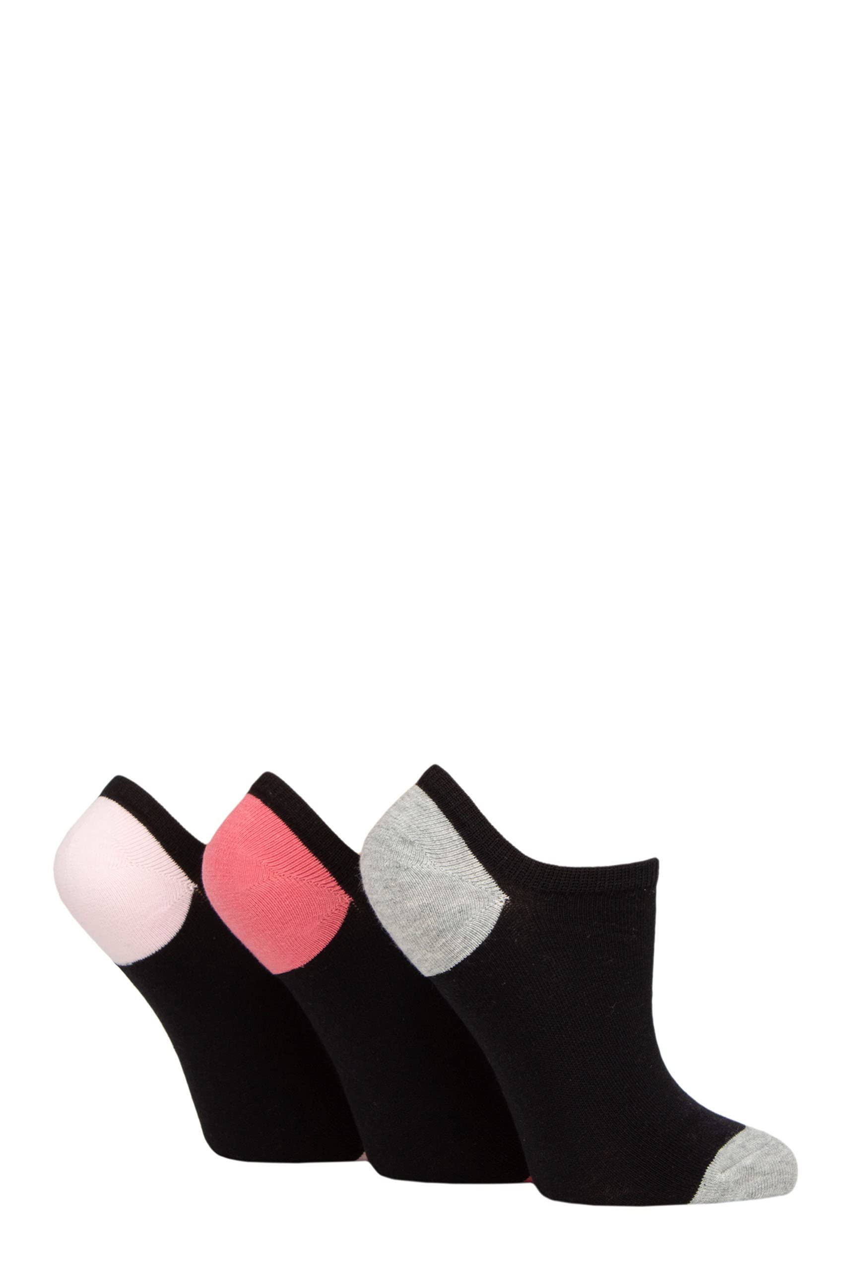 Pringle Ladies Plain Cotton Secret Socks Pack of 3 Black Pink/Grey Heel & Toe 4-8