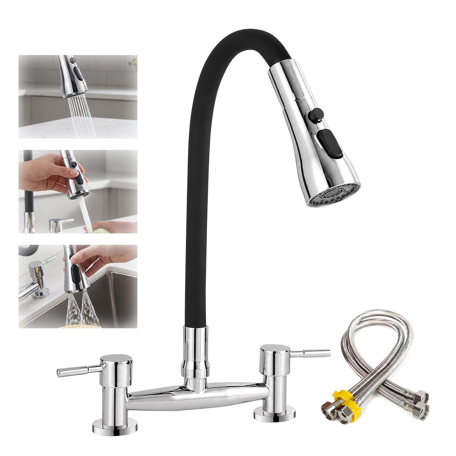 2 Hole Bridge Kitchen Mixer Tap with Hot&Cold Supply Hoses, 3 Spray Modes