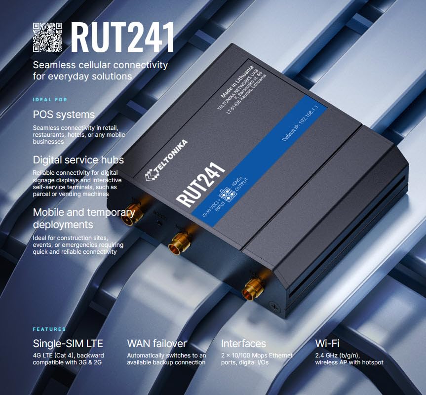 Teltonika RUT241 Industrial 4G LTE Router – Compact & Rugged Wireless Router with Ethernet, WiFi, VPN, RMS Support, Remote Monitoring, and IoT Connectivity (RUT241098000) - Image 4