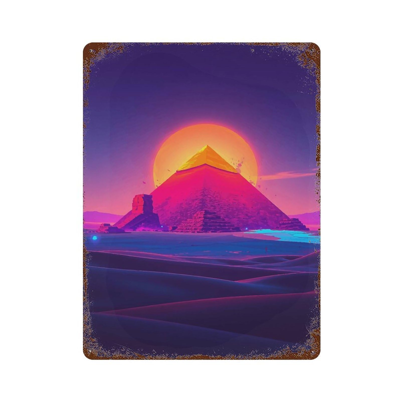 Garage Style Pyramid Sunset Decorative Tin Sign 15.7"x11.8", Industrial Home Decor for Bar And Workshop