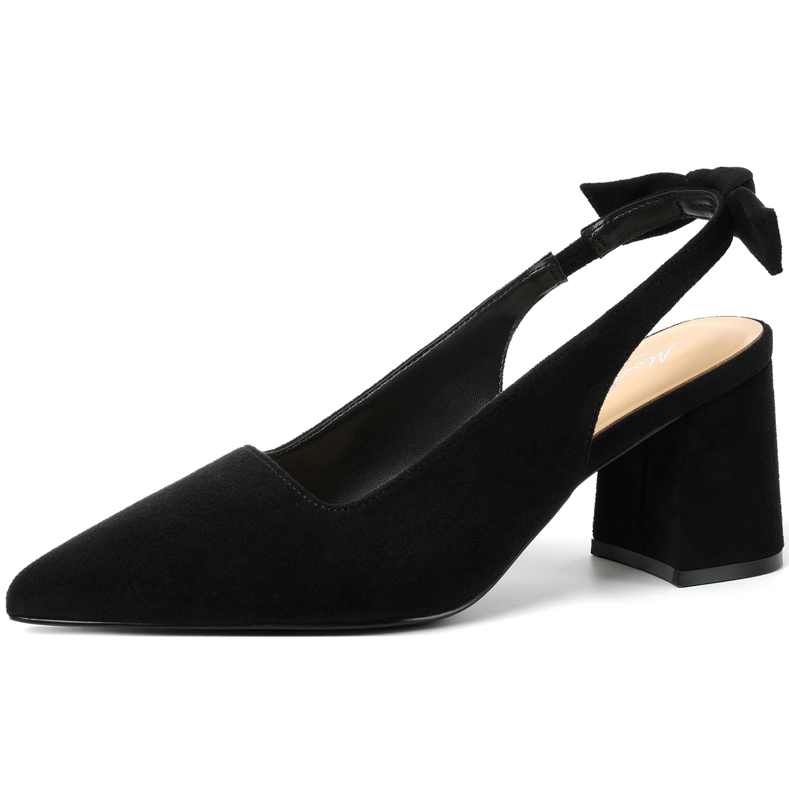 Photo 1 of Mostrin Black Suede Block Slingback Heels for Women Pointed Closed Toe Chunky Heels Bow Women's Pumps for Office Work Business Casual