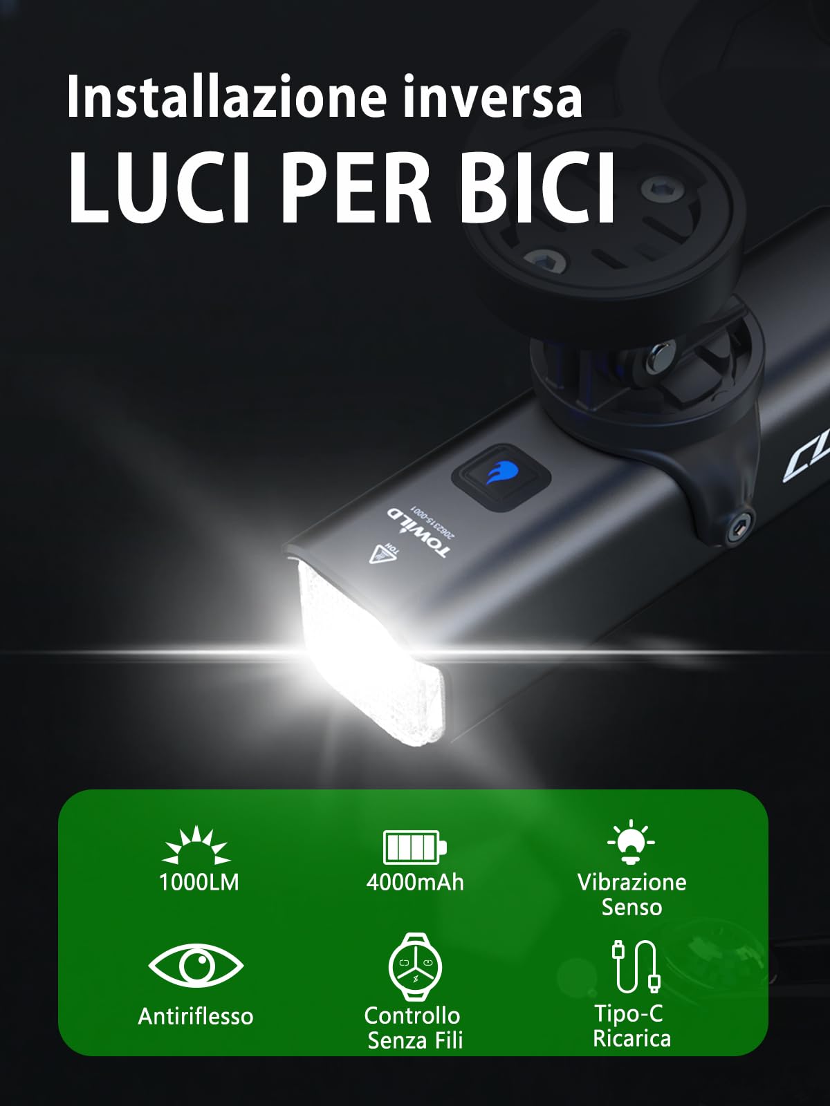 towild CL600/CL1000 Luci Bici, 600/1000 Lumen Luci Bicicletta LED per Pendolarismo,Luce Anteriore Bici 2000/4000mAh Ricaricabili Impermeabili IPX6 per la Guida Notturna, Supporto Sottomontato