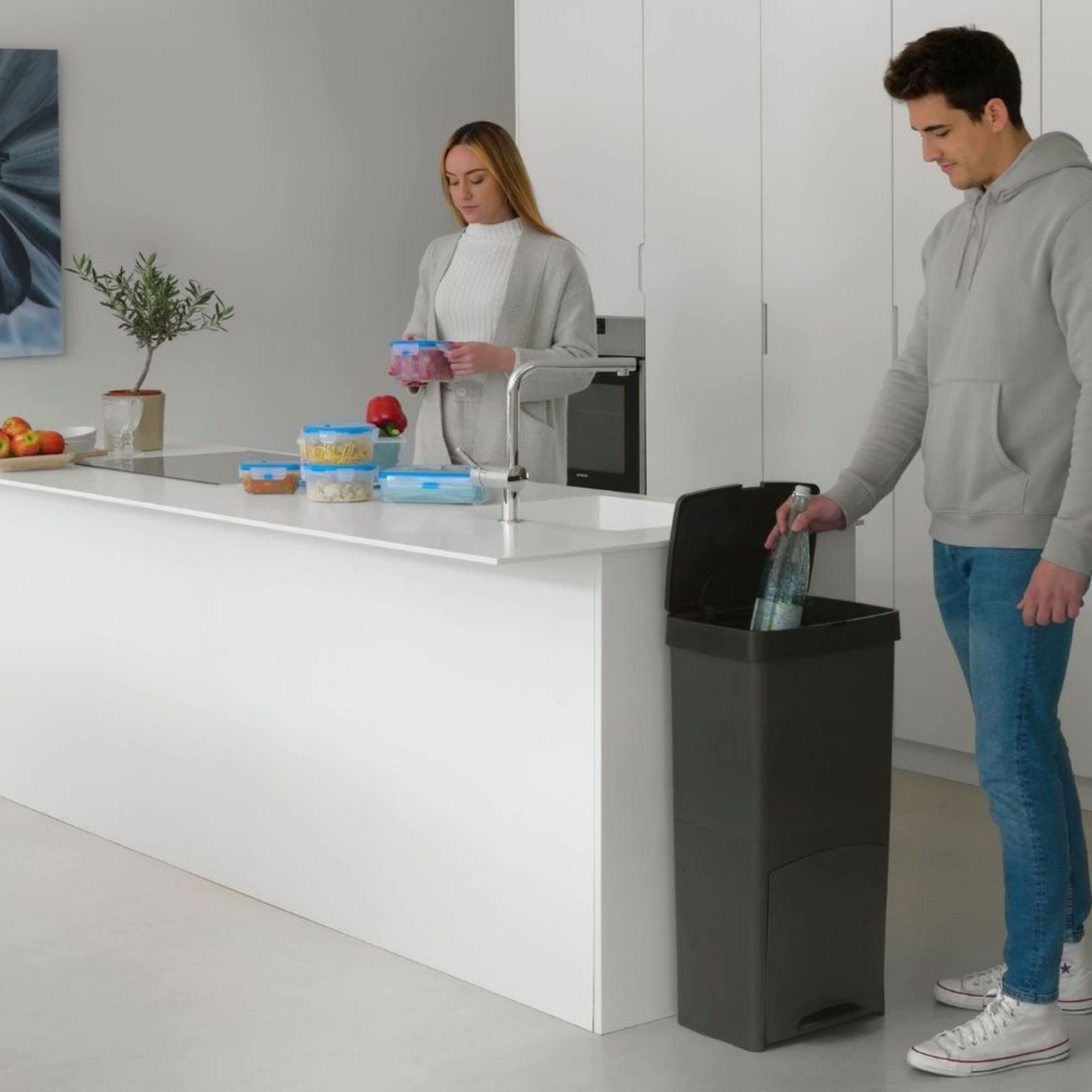 WELL HOME MOBILIARIO & DECORACIÓN Cubo de basura 70L, VERTICAL, 2 compartimentos, papelera residuos, 76 cm, Gris