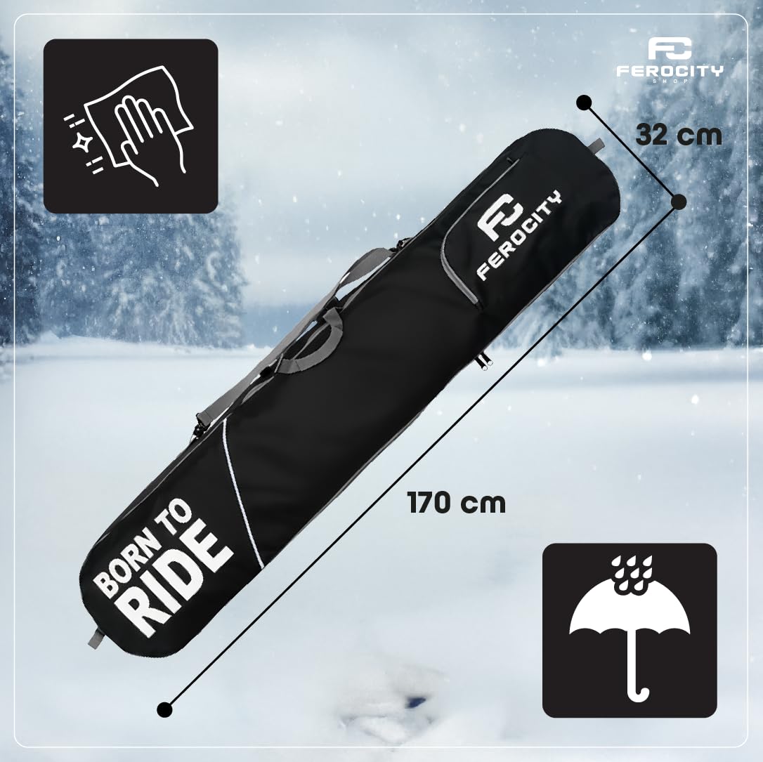 Premium Snowboardtasche 170 cm Boardbag für Snowboard Robuste Outdoor Board Rucksack mit Fach Aufbewahrung Wasserdicht 600D Polyester Stoff mit PVC Impregnat Unisex Farbe Schwarz Born to Ride [051]