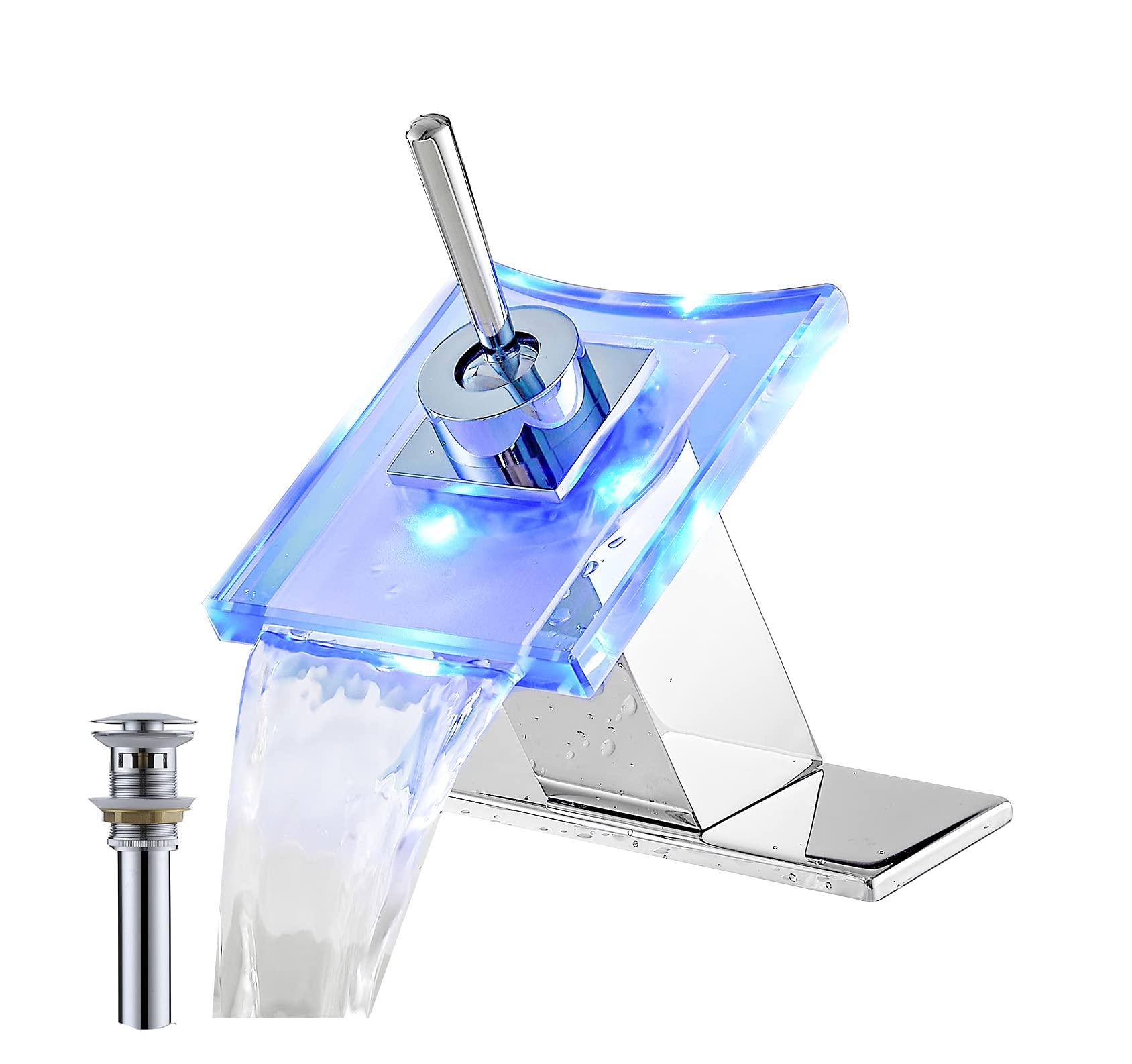 Nfusrxmbk Light Bathroom Faucet Chrome Waterfall Glass Spout Rbg Led 3 Color Chaning Deck Mount One Handle Single Hole With Overflow Pop Up Drain Modern Designer Bath Lavatory Vanity
