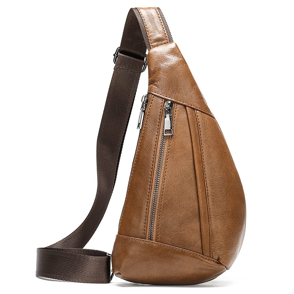 Hebetag Leather Crossbody Sling Bag for Men Women Single Shoulder Chest Pack Backpack Outdoor Travel Camping Casual Daypack Brown