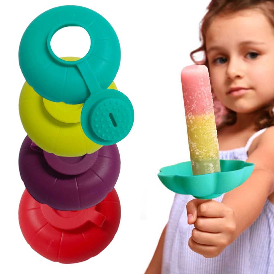 SoeUyd 4 Piezas Porta Paletas Antigoteo para Niños, Porta Paletas Silicona Reutilizable, Soporte para Helados Antigoteo, Portahelados Redondos de Silicona para Niños y Niñas