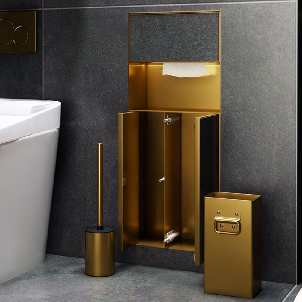 MESCXTY Toilet Paper Holder Wall Mount, Recessed Gold Tissue Roll Dispenser Niche with Cabinet Trash Stainless Steel Brush Hidden Storage for Toiletries,Gold