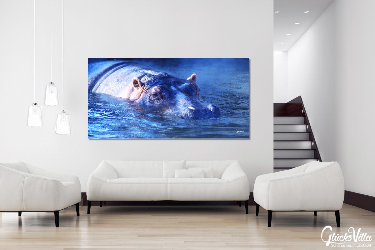 Glücksvilla - Nilpferd 2 (Leinwand-Bild 2 cm, 200 x 100 cm) | div. Maße - aus DE - Kunstdruck Deko Wandbild quer - Wildnis Afrika Natur Tier Hippo
