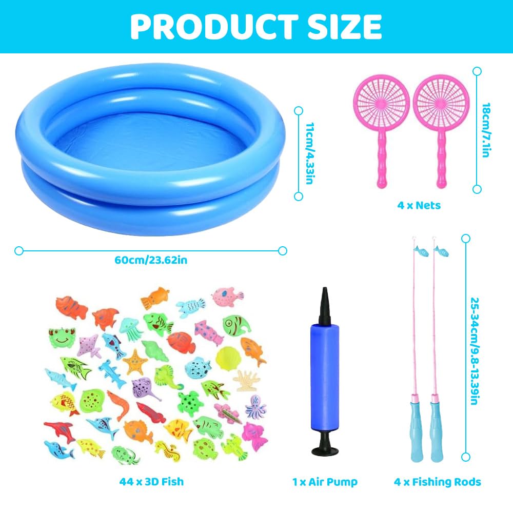 SKIKHN – Jeu De Pêche Magnétique 54 Pièces – Étang Gonflable – 4 Cannes + Filets – Éducatif Pour Enfants