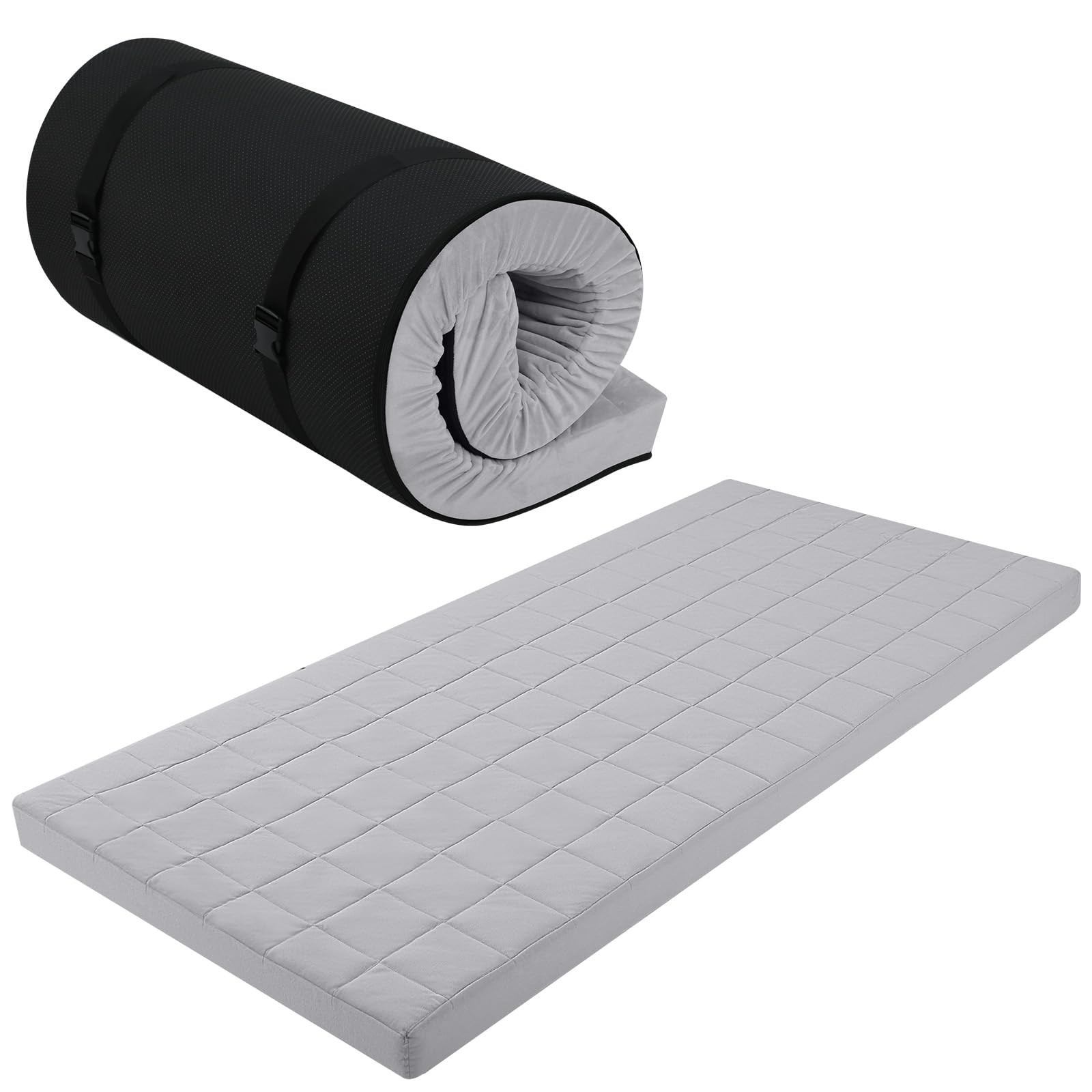 MeMoreCool Roll Up Floor Mattress Single, Portable High Density Foam Futon Foldable Mattress with Travel Bag, Floor Sleep Guest Bed Soft Mat for Travel, Car Tent,190x90cm, Grey