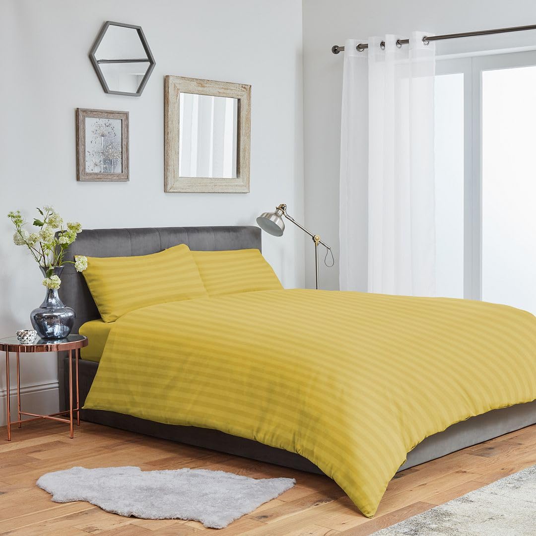 John Aird Striped Microfibre Plain Duvet Cover With Pillowcases (Super King, Yellow)