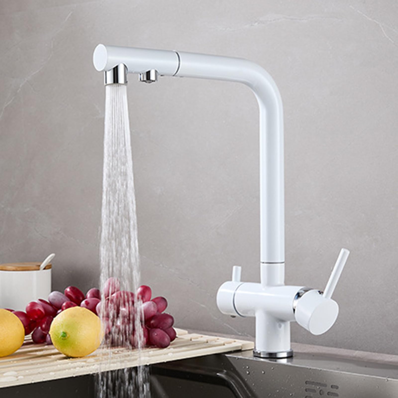 ZYCHSJXA 3 Way Kitchen Tap Pull Out Double Handle Sink Taps Brass-White