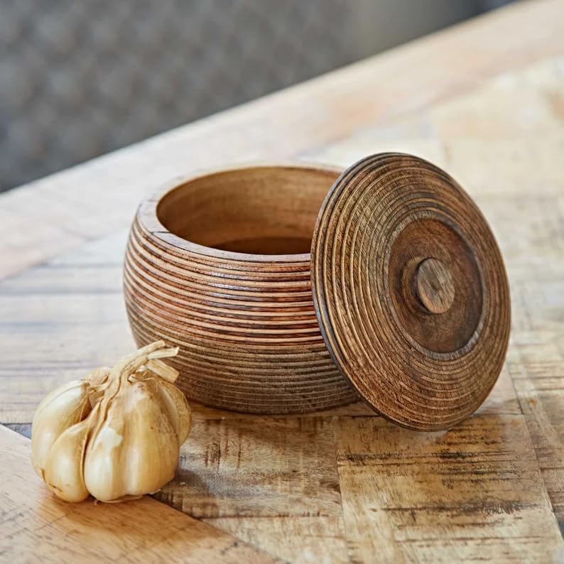 Serving Bowl with Lid - Handmade Carved Mango Wood Fruit & Salad Bowls - Multipurpose Storage Container - Table Decor and Housewarming Gifts (Small)