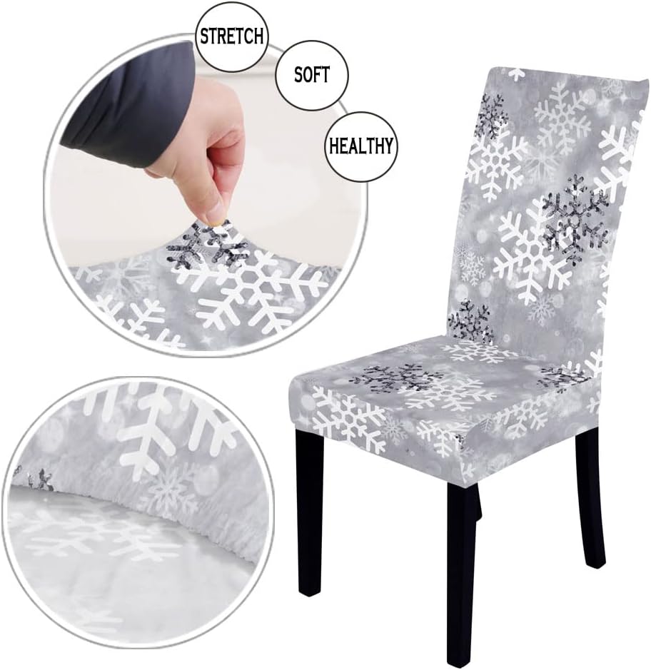Set Of 4 Christmas Dining Room Chair Covers Slipcovers Stretch Removable Washable Spandex Christmas Snowflake Grey Parson Chairs Slipcovers Seat Protector Decor For Ceremony Holiday (Grey, Set Of 4)