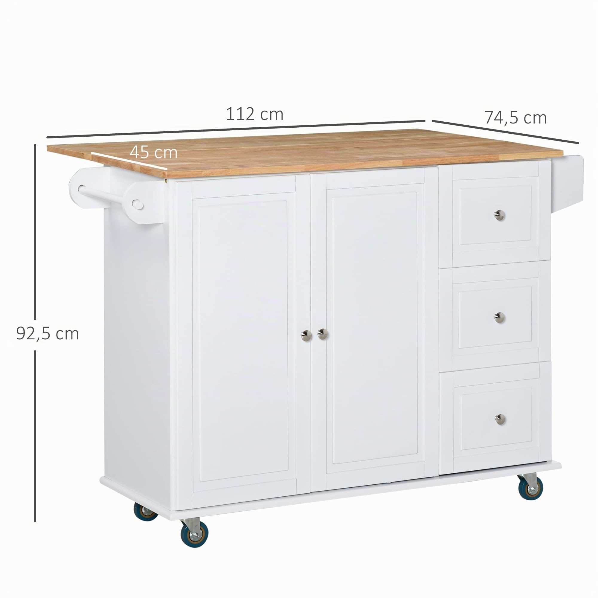 HOMCOM Carro de Cocina con Ruedas 3 Cajones, 2 Puertas y Especiero Blanco | Isla de Cocina, estante ajustable, barra de colgar, 128,8x75,5x92,5 cm