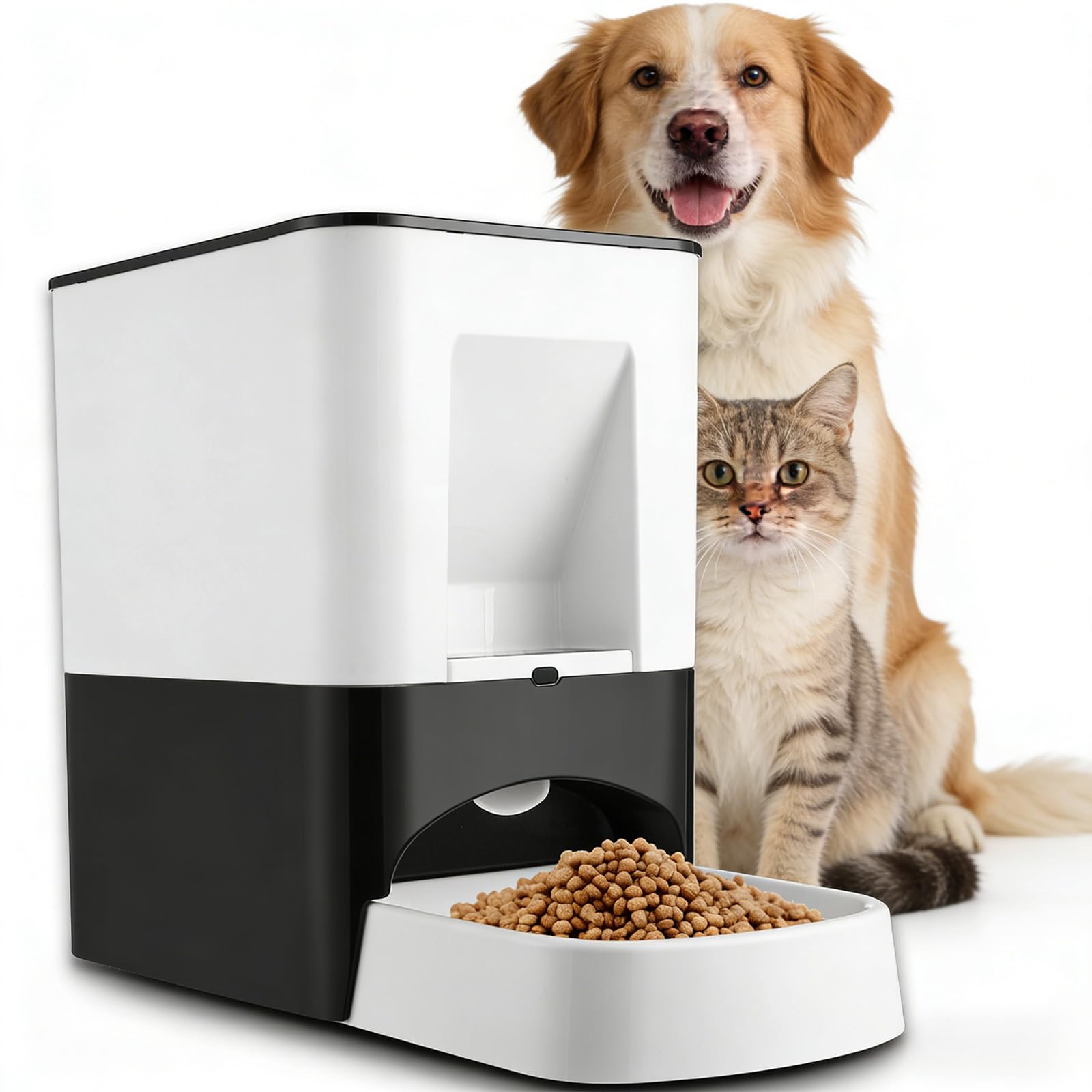 Oakwonder 14L Automatic Dog Feeder with a cat eating from the bowl
