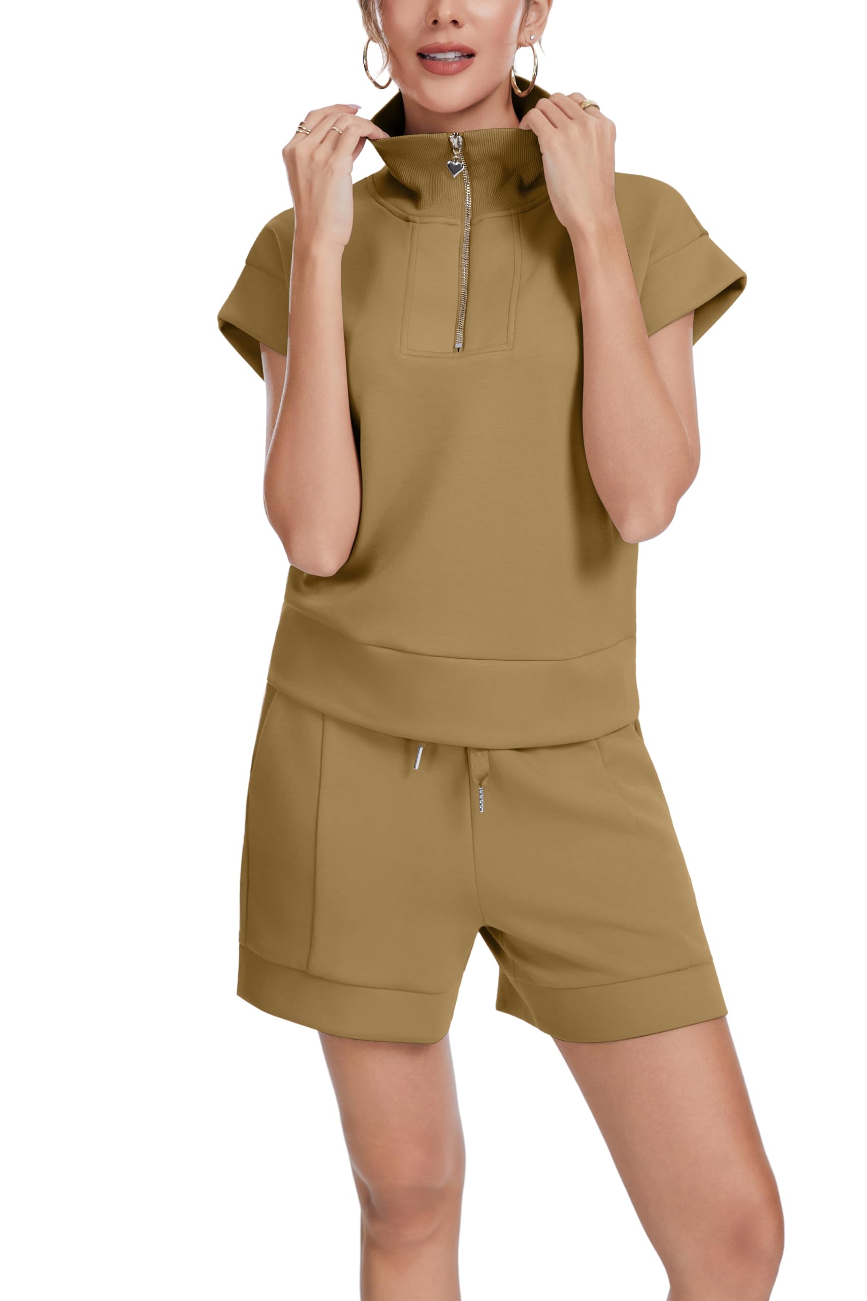 Women Summer Two Piece Sets Casual Cap Sleeve Top Drawstring Sweatsuit Lounge Short Sets