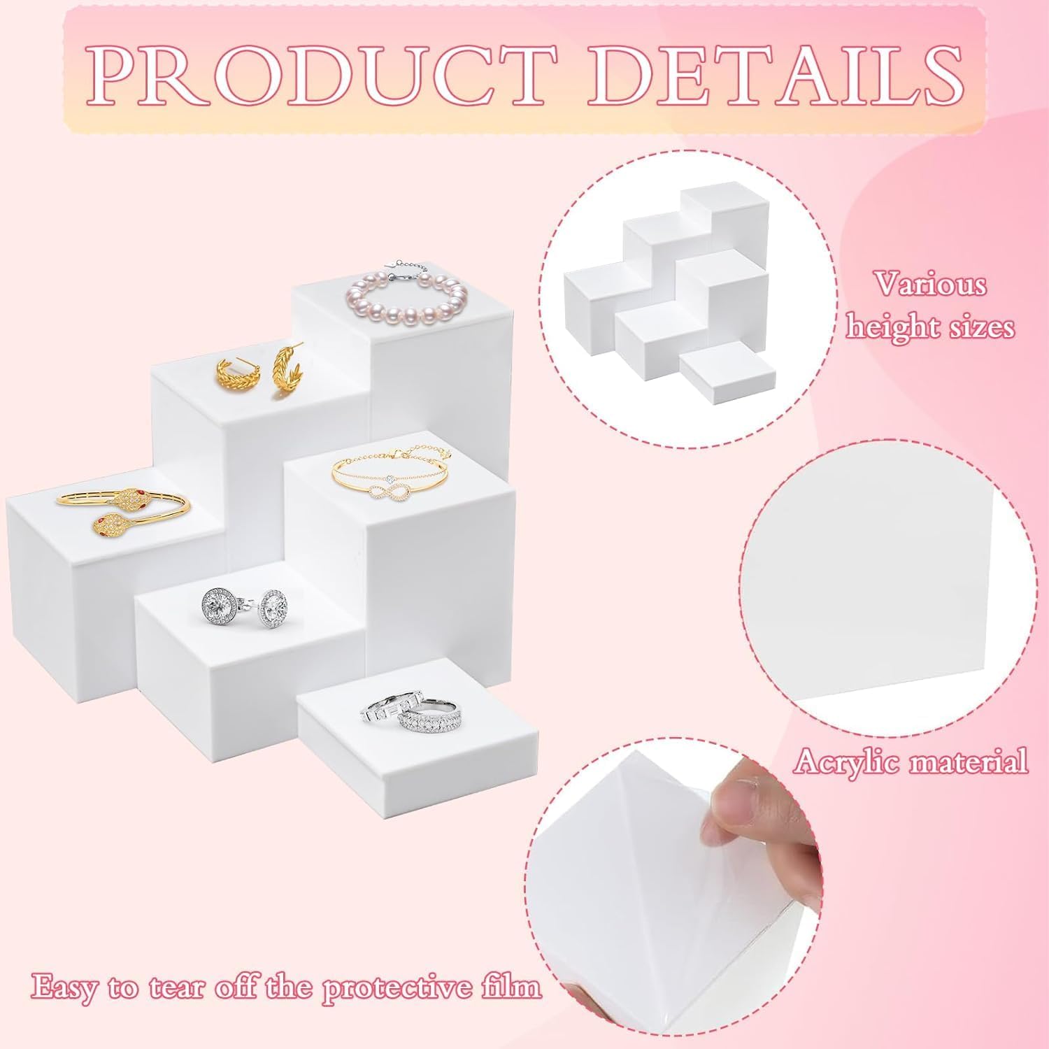 6Pcs White Acrylic Cube Display Jewelry Nesting Risers | Acrylic Display Stand with Hollow Bottoms,Square Display Base for Necklaces Earrings Glasses Figurine ect.