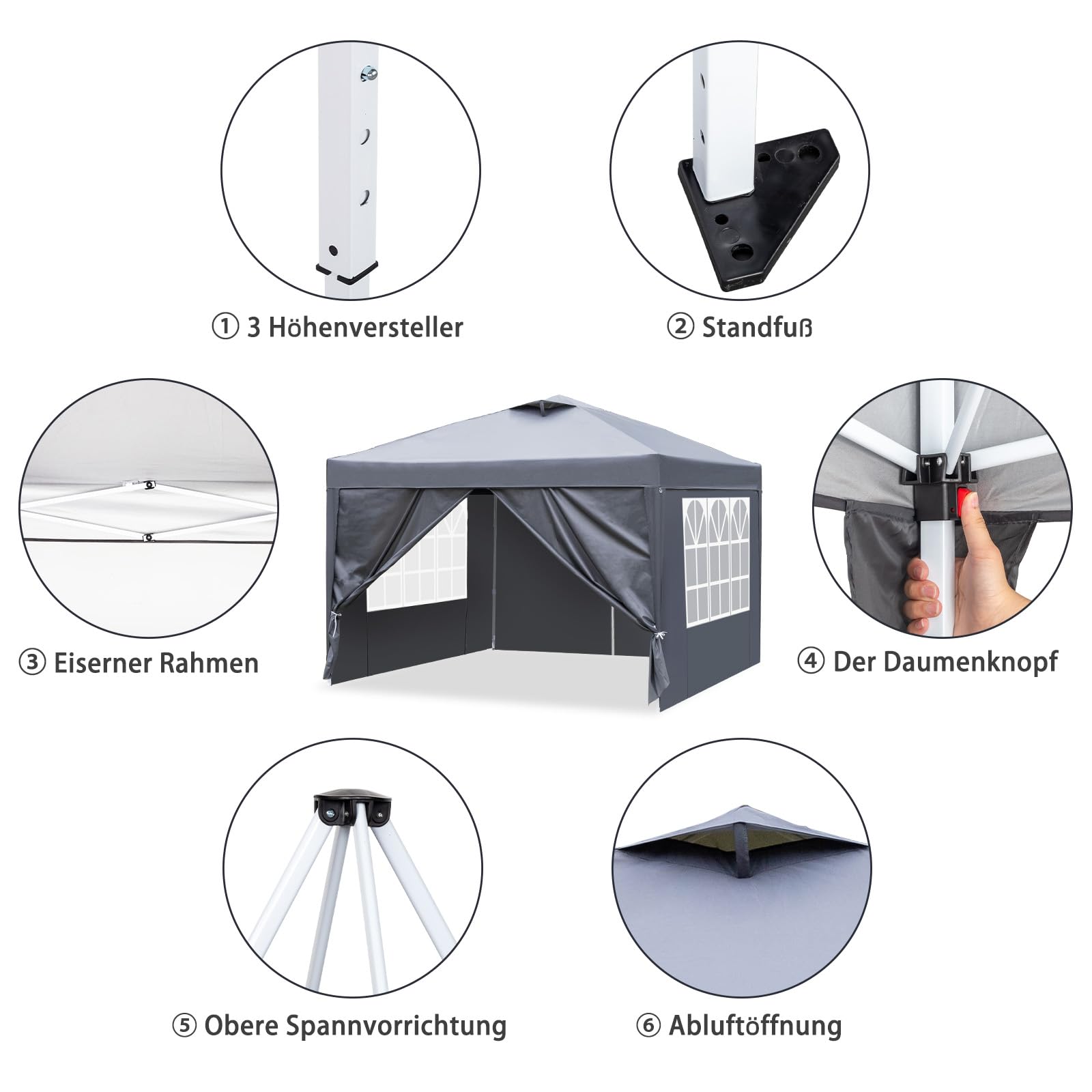 Pavillon 3x3m Pop-Up Faltpavillon,Wasserdicht Winterfest,Höhenverstellbar,Belüftungssystem,Stahlgestell UV-Schutz 50+,mit 4 Seitenwänden & 4 Sandsäcken,Für Garten,Camping,Party (Anthrazit)