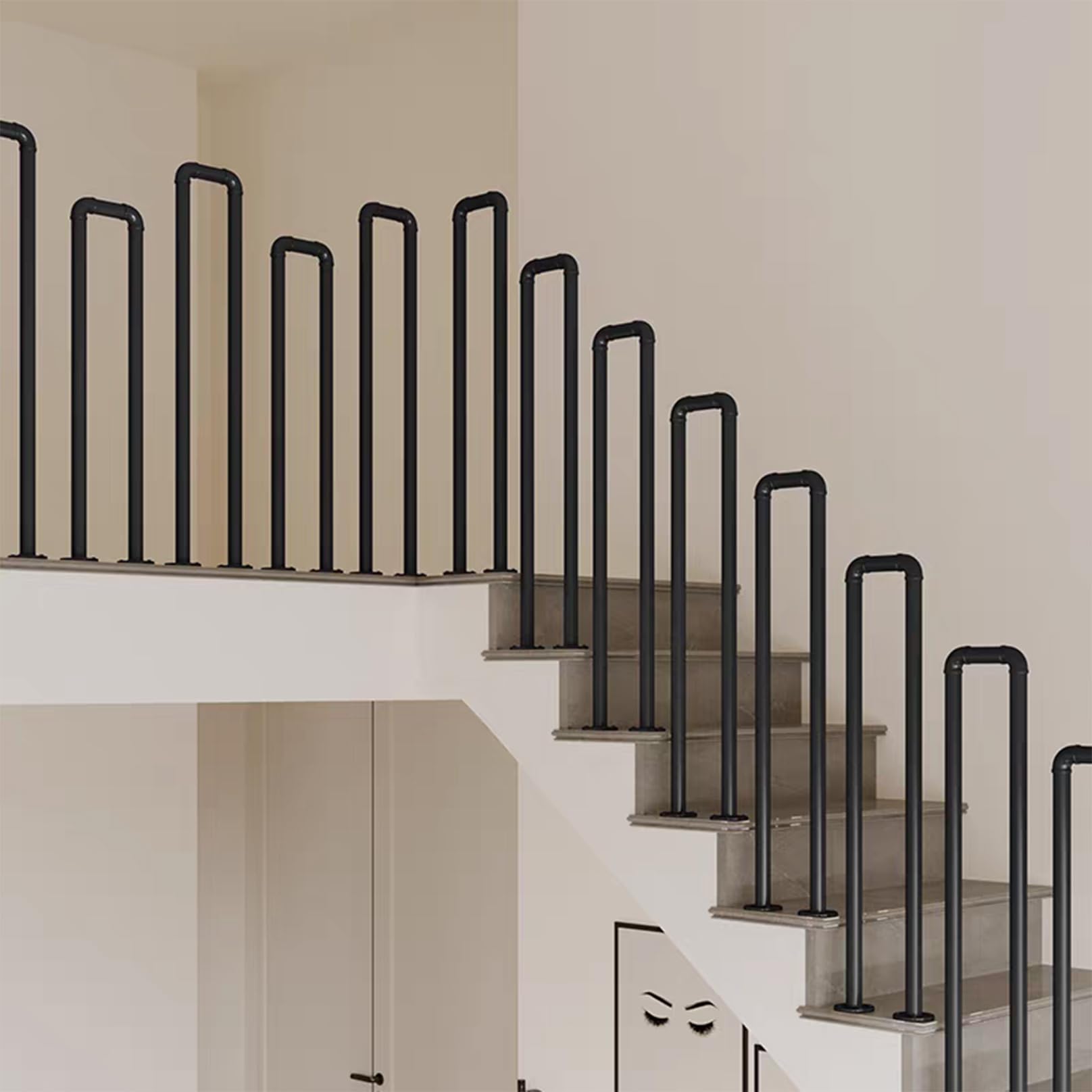 Aevixel Outdoor Stair Railing, Galvanized Iron Exterior Handrail, Rustproof, Indoor Stair Railing Kit, Staircase Balusters for Concrete Step or Wooden Stairs Black 95CM-Round Corners