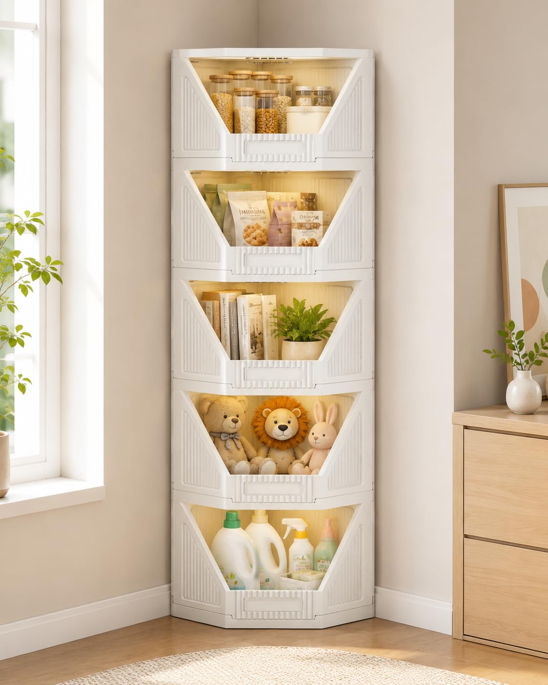 JD FRESH 5 Tier Plastic Corner Storage Cabinet/Stackable Cupboard for Storage/Collapsible Wardrobe for Clothes/Toys Storage Organizer/Cabinet for Kitchen, Bathroom, Living Room (Ivory)-image-15