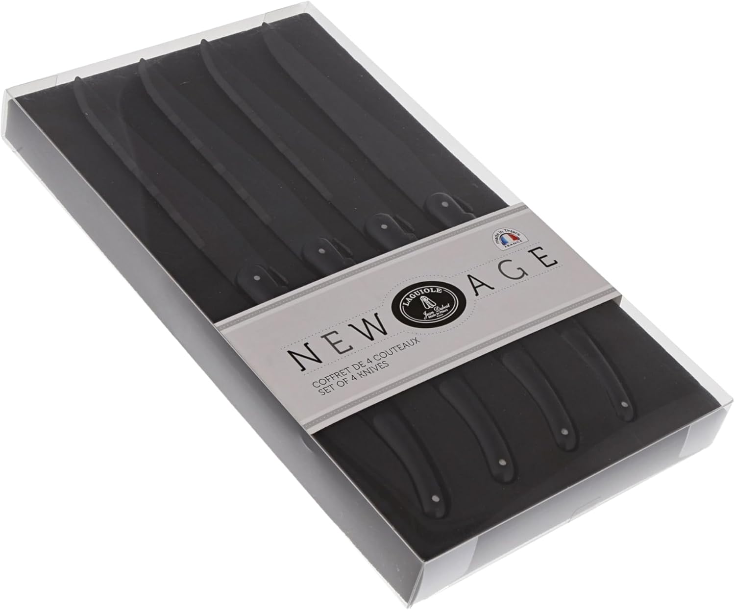 Jean Dubost New Age Laguiole 4-Piece Black Steak Knife Set, Black Handles - 1.2 mm Blades - Rust-Resistant Stainless Steel - Made in France