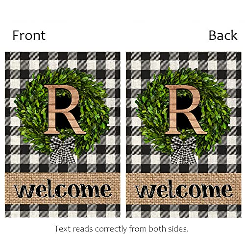 Welcome House Flags R Initial Letter Wreath Custom Last Name Porch Flags Vertical Double Sided Buffalo Plaid Wood Garden Yard Banner Lawn Outdoor Decoration 28" X 40"(R) #TOP4