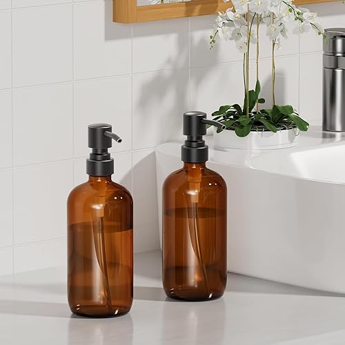 Vista 56 de AmazerBath Dispensador de jabón de vidrio ámbar, paquete de 2 botellas vintage marrón con bomba de acero inoxidable, botella dispensadora de jabón