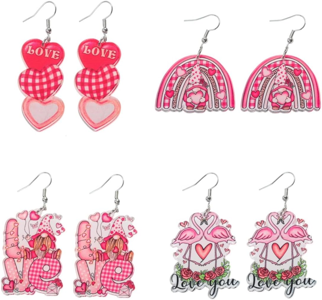 4 Pairs Gnome Earrings for Women Love Heart Flamingo Drop Earrings Gnome Jewelry Gift Women's Drop and Dangle Earrings for Holiday Wedding