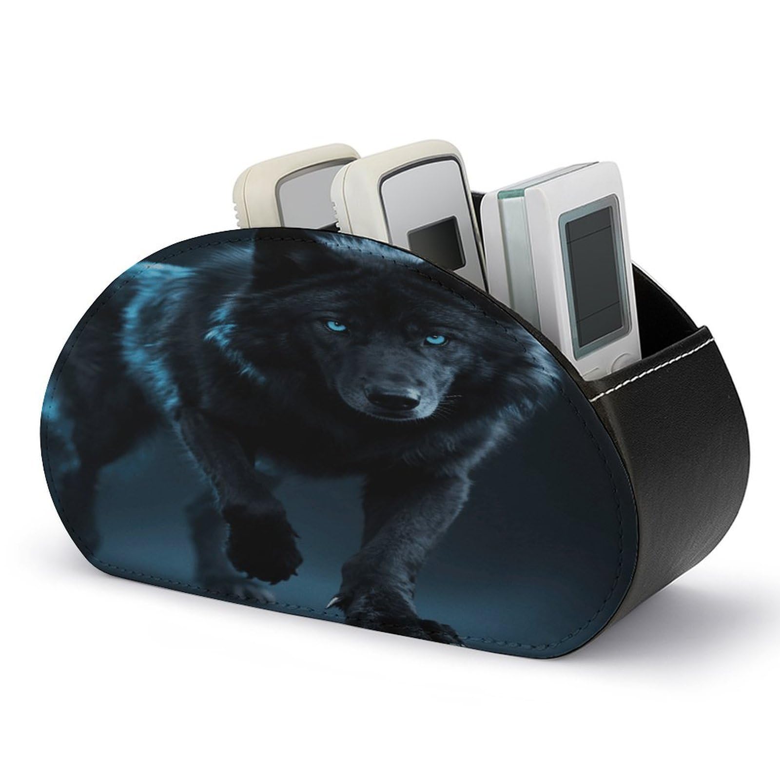 VstaDank Cool Cyan Black Wolf Remote Control Holder with 5 Compartments PU Leather TV Remoter Caddy Desktop Organizer TV Remote Holder Remote Box for Media Controllers Office Supplies