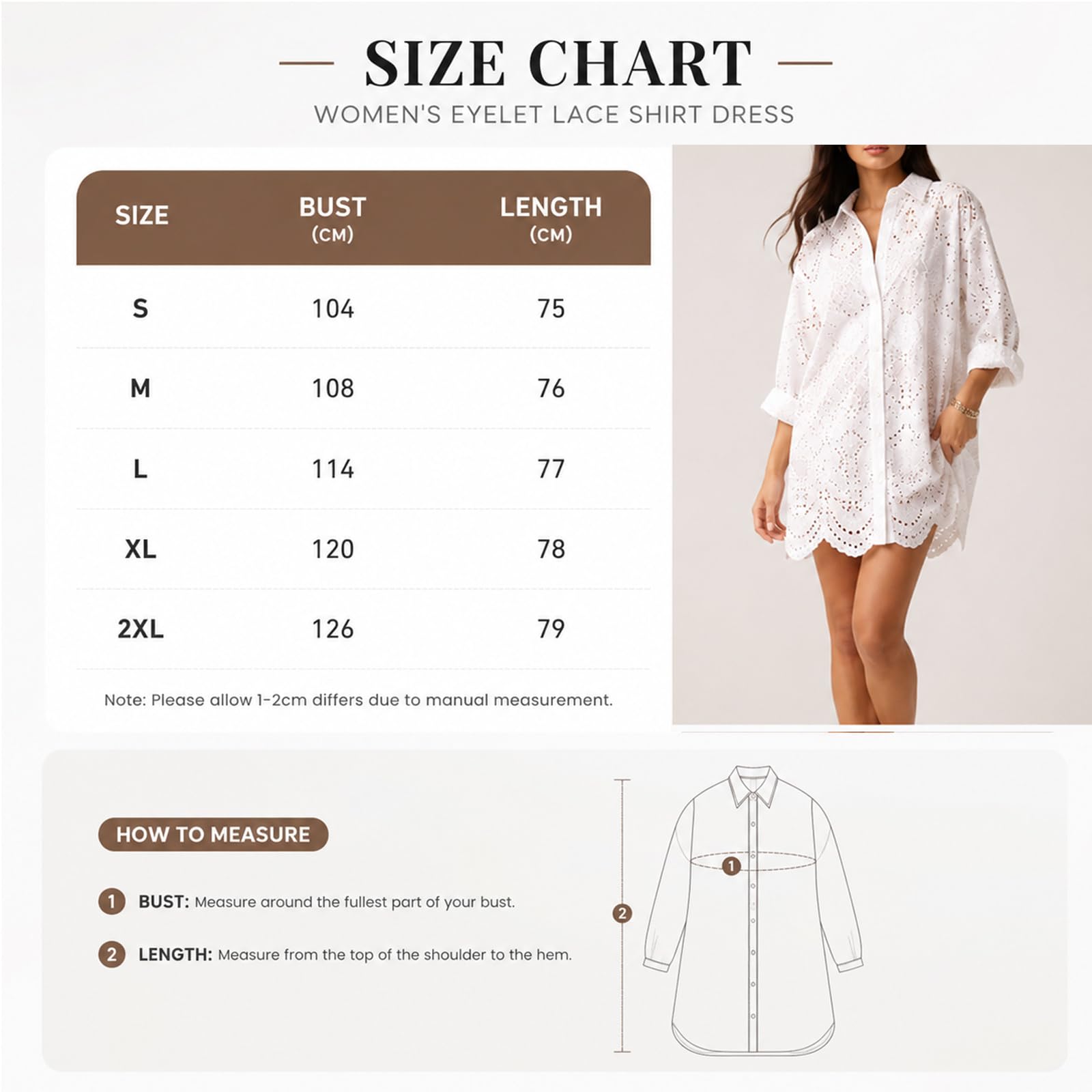 Miniabito da Donna Casual in Pizzo Sangallo, Modello a Camicia con Bottoni, vestibilità Ampia, Maniche Lunghe e Ricami – Copricostume e Chemisier