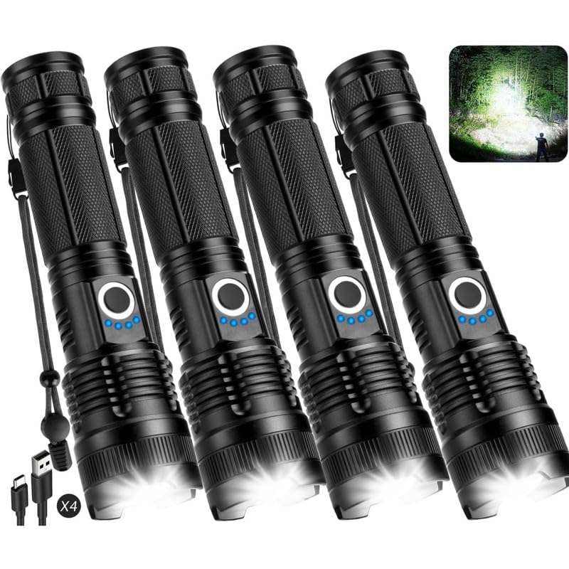 Torce LED ricaricabili ad alta luminosità (confezione da 4) – impermeabile, antiurto, 5 modalità, zoomabile, per casa, campeggio, illuminazione portatile all'aperto. Nero.
