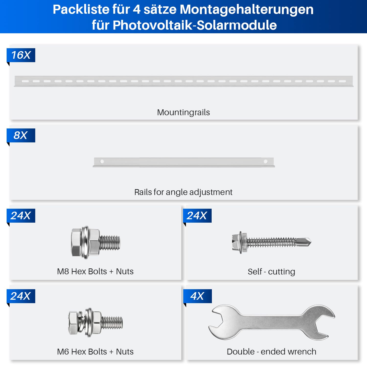 8 Stück Solarpanel Halterung 114cm 45in für 4 100W-600W Solarmodul, 0-90° Verstellbar PV Aufständerung Balkonkraftwerk Halterung Solarpanel Flachdach, inkl. Schrauben & Montage Anleitung