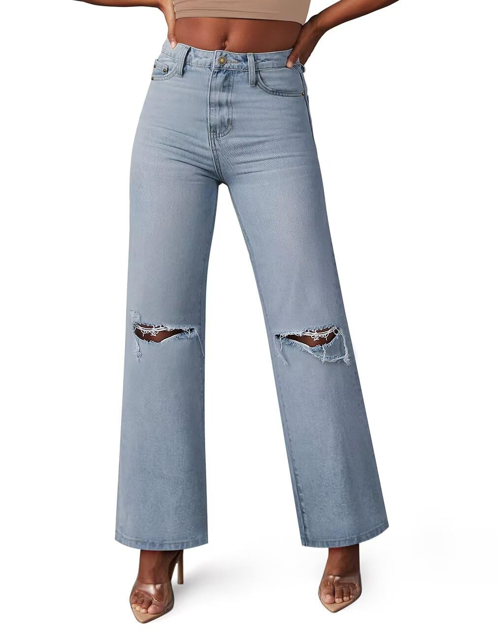 KDF Straight Leg Jeans for Women High Waisted Jeans Frayed Baggy Pants Raw Hem Loose Stretchy Cropped Wide Leg Jeans