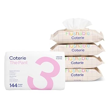 Coterie The Pant, Size 3, Refastenable Training Pants for Sensitive Skin, Hypoallergenic, Super Absorbent Overnight Leak Protection + 4 Pack Coterie Flushable Wipes
